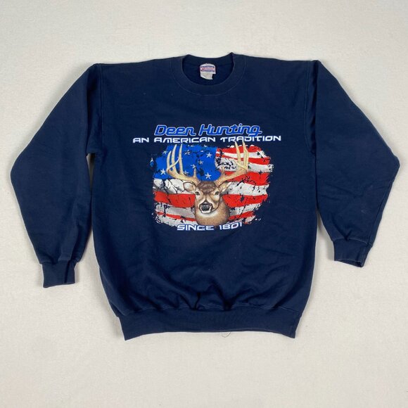 Deer Hunting American Tradition Buck Flag Graphic Navy Blue Crewneck Sweatshirt - Picture 1 of 7